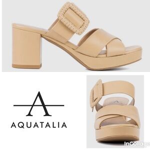 Aquatalia NWOT Marina Almonf Leather Buckle Block Heel Mule Sandals
